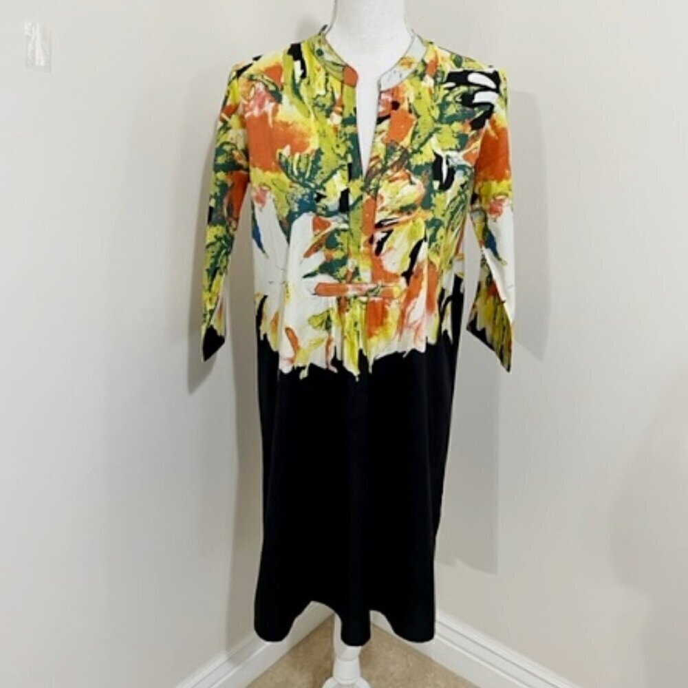 KikiSol Floral Garden Dress Tropical Coastal Watercolor Cotton 3/4 Sleeve Size S